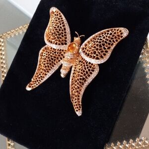 Vintage Signed CINER Gold Tone Butterfly Brooch Amber & Clear Rhinestones Large